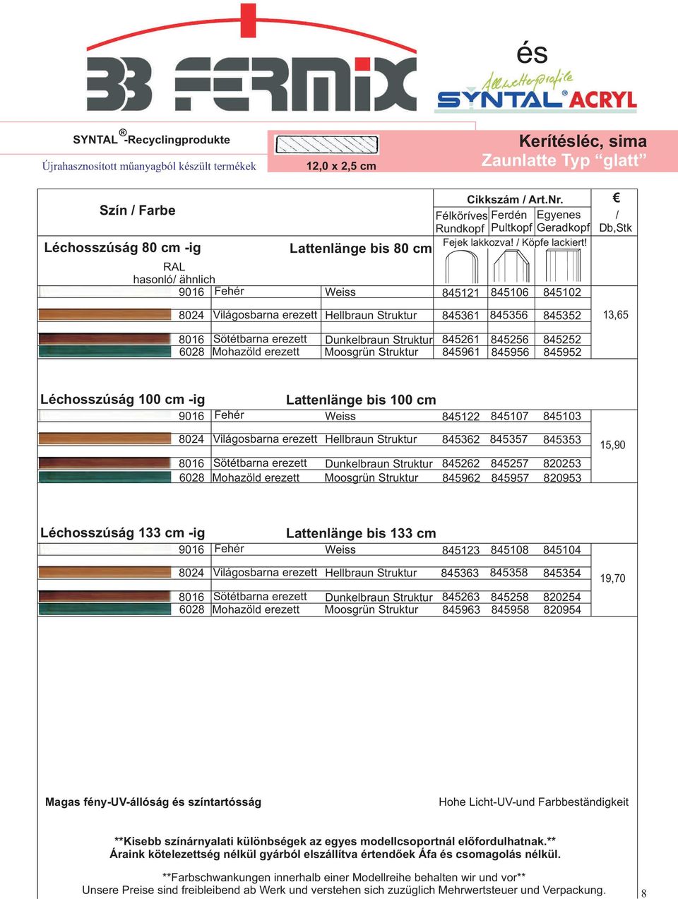 RAL hasonló/ ähnlich 845121 845106 845102 8024 Világosbarna erezett Hellbraun Struktur 845361 845356 845352 13,65 8016 6028 Sötétbarna erezett Dunkelbraun Struktur 845261 845256 845252 Mohazöld