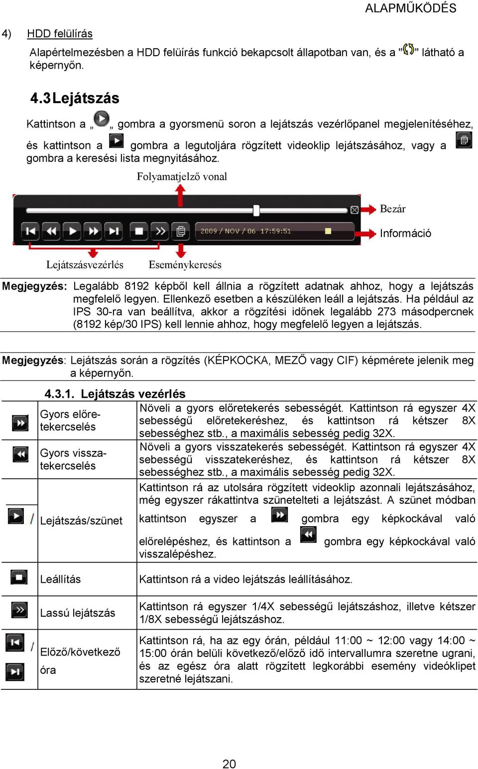 megnyitásához. Folyamatjelzı vonal Bezár Információ Lejátszásvezérlés Eseménykeresés Megjegyzés: Legalább 8192 képbıl kell állnia a rögzített adatnak ahhoz, hogy a lejátszás megfelelı legyen.