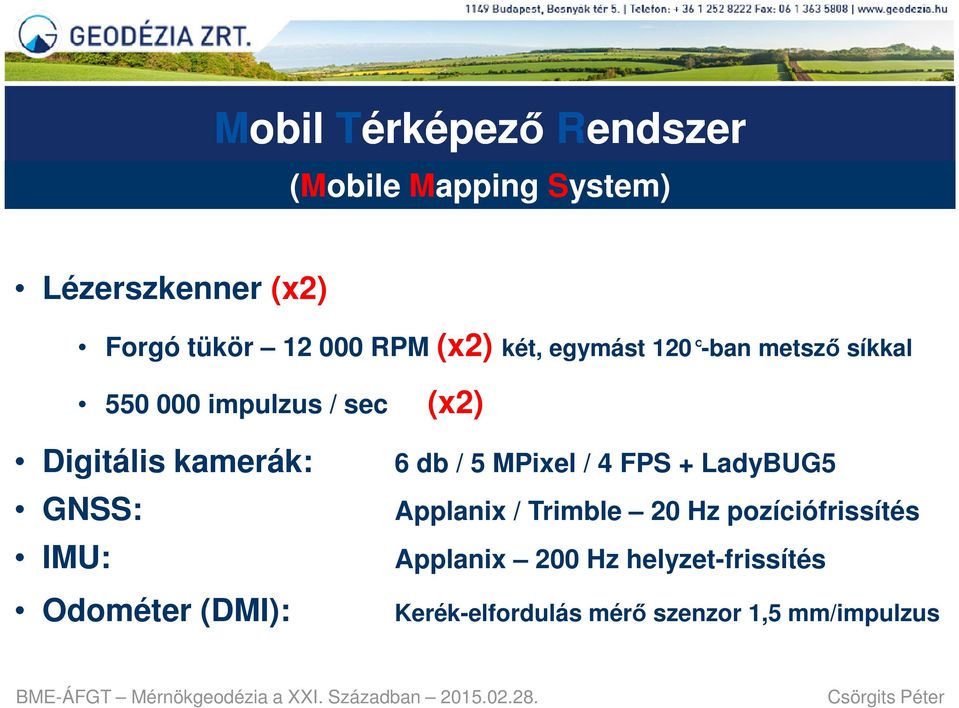 GNSS: IMU: Odométer (DMI): 6 db / 5 MPixel / 4 FPS + LadyBUG5 Applanix / Trimble 20 Hz