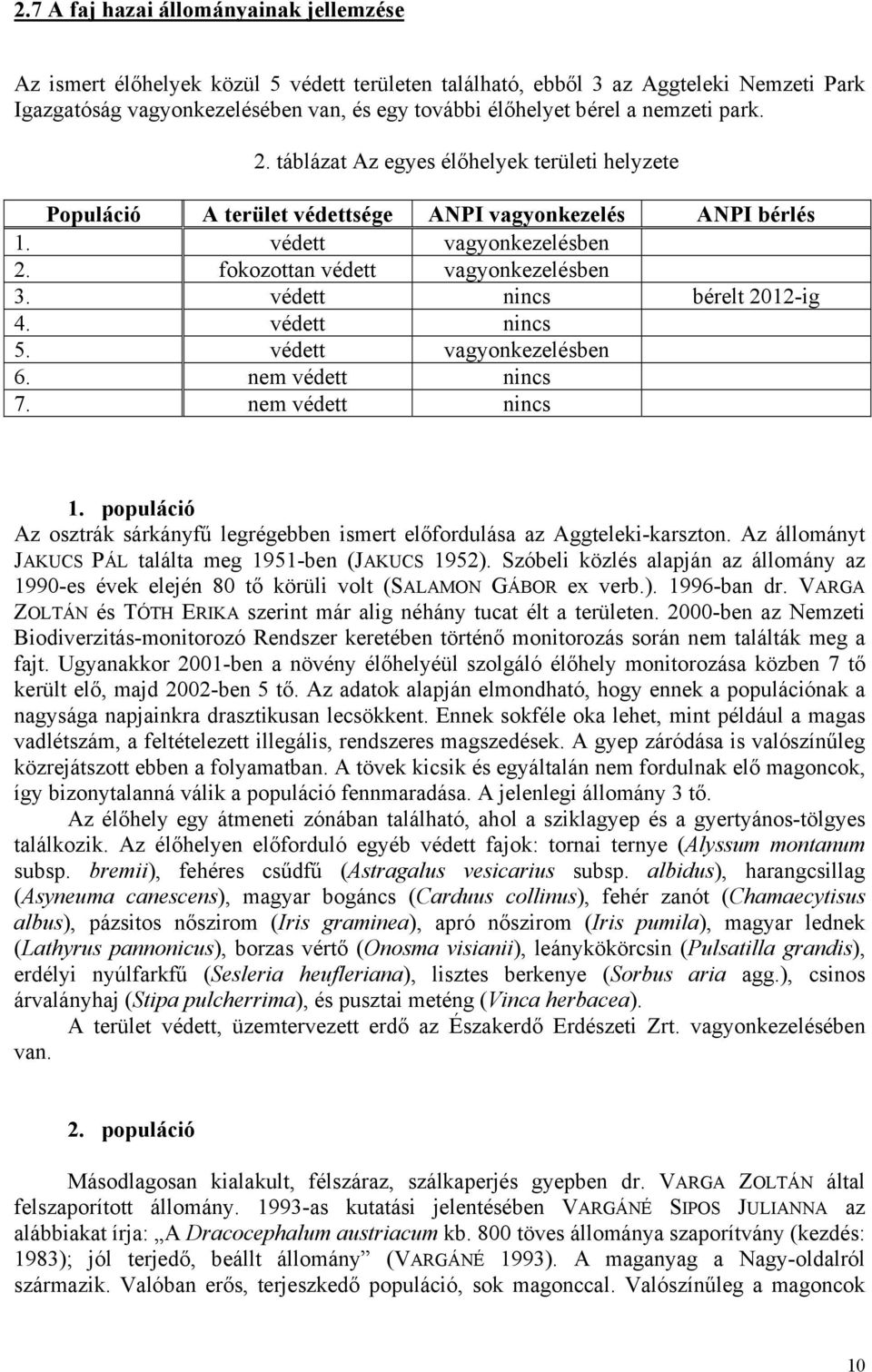 védett nincs bérelt 2012-ig 4. védett nincs 5. védett vagyonkezelésben 6. nem védett nincs 7. nem védett nincs 1. populáció Az osztrák sárkányfű legrégebben ismert előfordulása az Aggteleki-karszton.