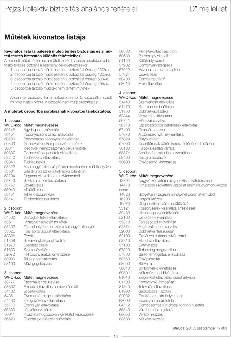 csoportba tartozó mûtét esetén a biztosítási összeg 100%-a, 3. csoportba tartozó mûtét esetén a biztosítási összeg 50%-a, 4. csoportba tartozó mûtét esetén a biztosítási összeg 25%-a, 5.