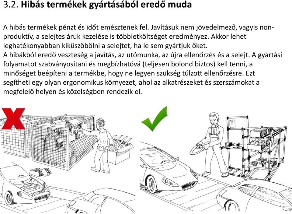 Akkor lehet leghatékonyabban kiküszöbölni a selejtet, ha le sem gyártjuk őket. A hibákból eredő veszteség a javítás, az utómunka, az újra ellenőrzés és a selejt.