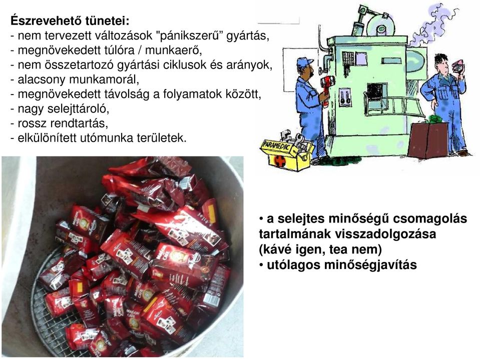 távolság a folyamatok között, - nagy selejttároló, - rossz rendtartás, - elkülönített utómunka