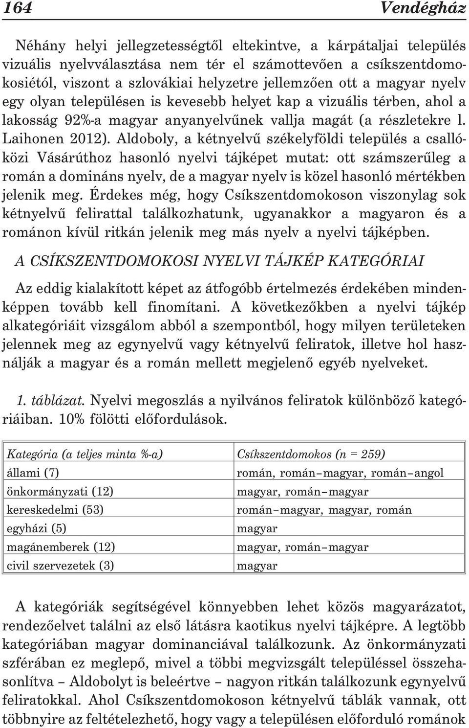 Aldoboly, a kétnyelvû székelyföldi település a csallóközi Vásárúthoz hasonló nyelvi tájképet mutat: ott számszerûleg a román a domináns nyelv, de a magyar nyelv is közel hasonló mértékben jelenik meg.