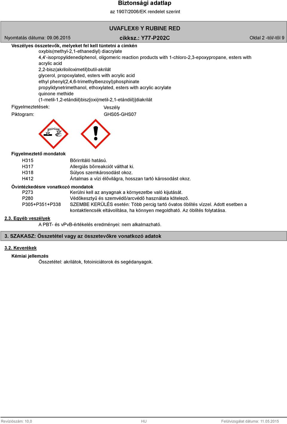 propylidynetrimethanol, ethoxylated, esters with acrylic acrylate quinone methide (1-metil-1,2-etándiil)bisz[oxi(metil-2,1-etándiil)]diakrilát Figyelmeztetések: Piktogram: Veszély GHS05-GHS07
