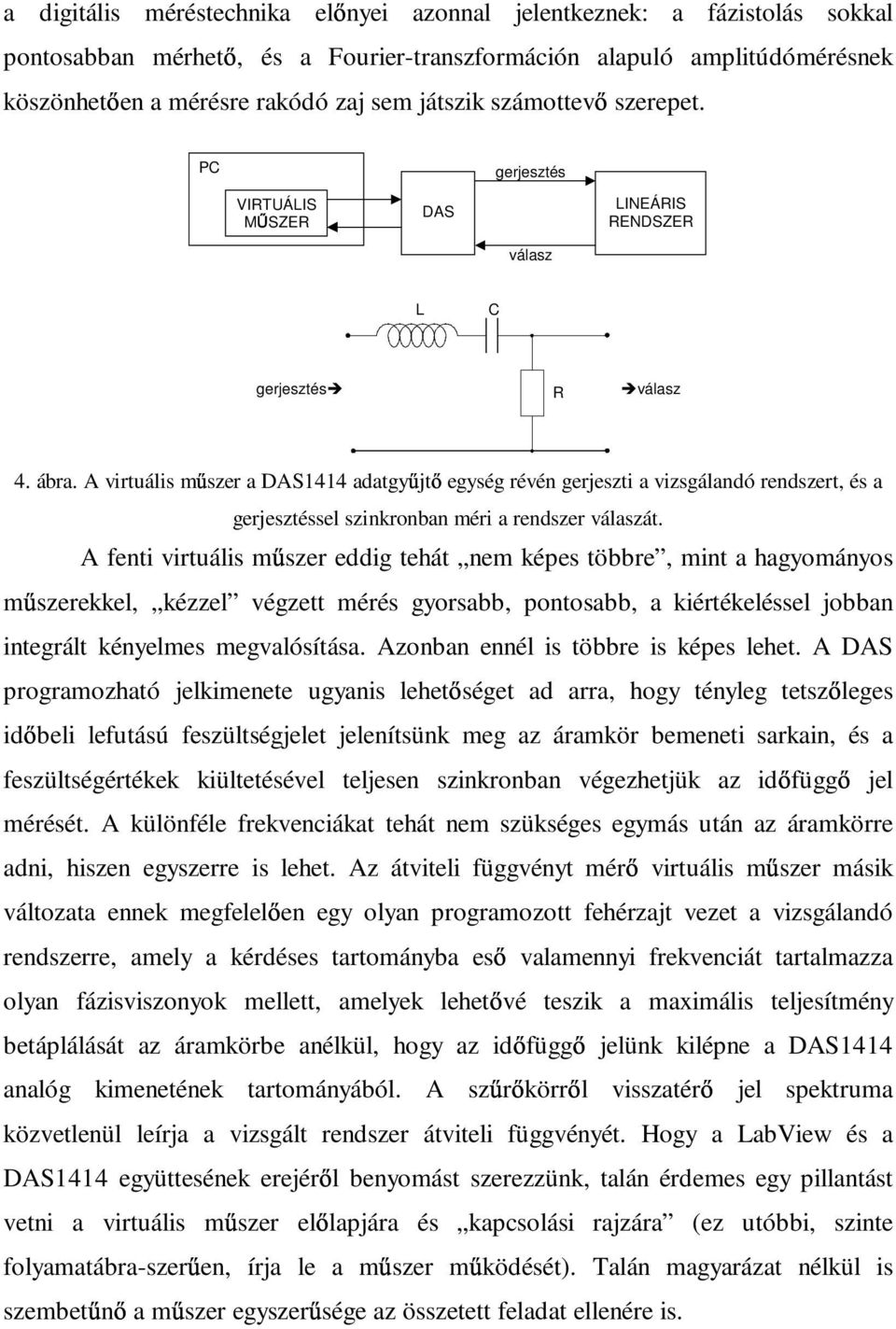 A virtuális m szer a DAS1414 adatgy jt egység révén gerjeszti a vizsgálandó rendszert, és a gerjesztéssel szinkronban méri a rendszer válaszát.