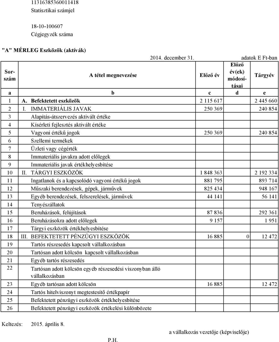 IMMATERIÁLIS JAVAK 250 369 240 854 3 Alapítás-átszervezés aktivált értéke 4 Kísérleti fejlesztés aktivált értéke 5 Vagyoni értékű jogok 250 369 240 854 6 Szellemi termékek 7 Üzleti vagy cégérték 8