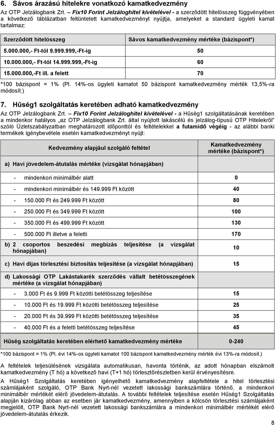 hitelösszeg Sávos kamatkedvezmény mértéke (bázispont*) 5.000.000,- Ft-tól 9.999.999,-Ft-ig 50 10.000.000,- Ft-tól 14.999.999,-Ft-ig 60 15.000.000,-Ft ill. a felett 70 *100 bázispont = 1% (Pl.