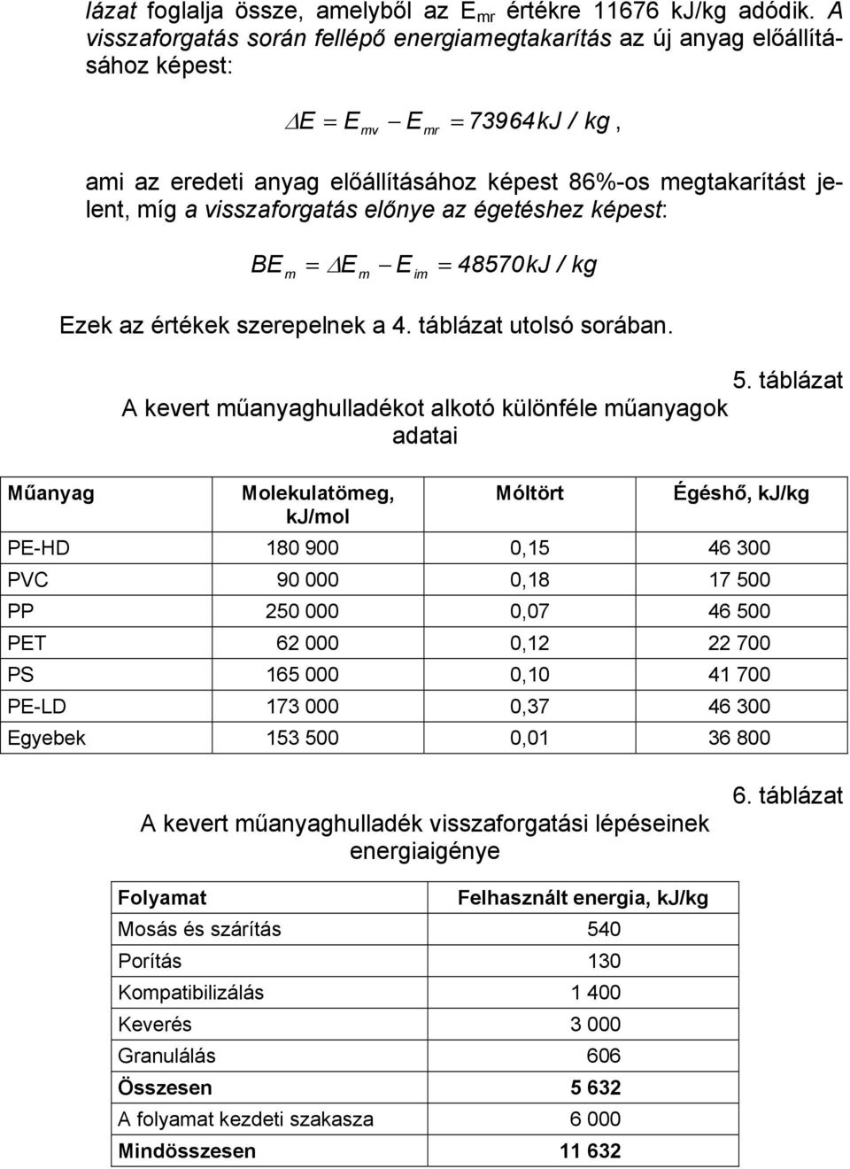 visszaforgatás előnye az égetéshez képest: BE m = E m E im = 48570kJ / kg Műanyag Ezek az értékek szerepelnek a 4. táblázat utolsó sorában. 5.