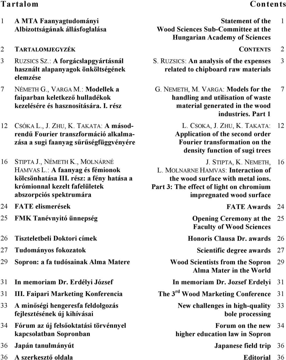 TAKATA: A másodrendű Fourier transzformáció alkalmazása a sugi faanyag sűrűségfüggvényére 16 STIPTA J., NÉMETH K., MOLNÁRNÉ HAMVAS L.: A faanyag és fémionok kölcsönhatása III.