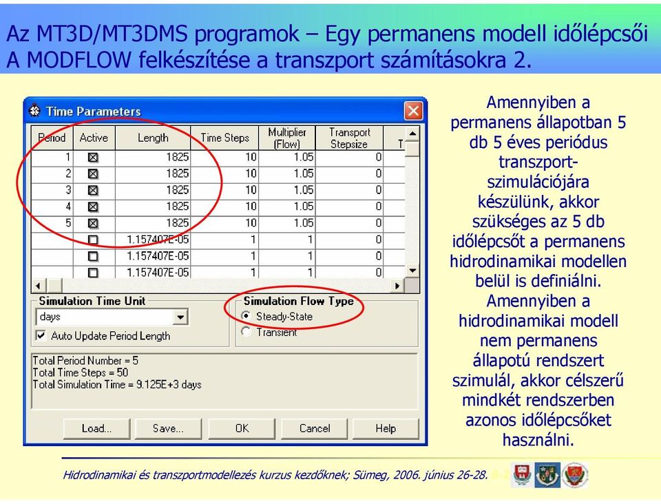 az 5 db időlépcsőt a permanens hidrodinamikai modellen belül is definiálni.