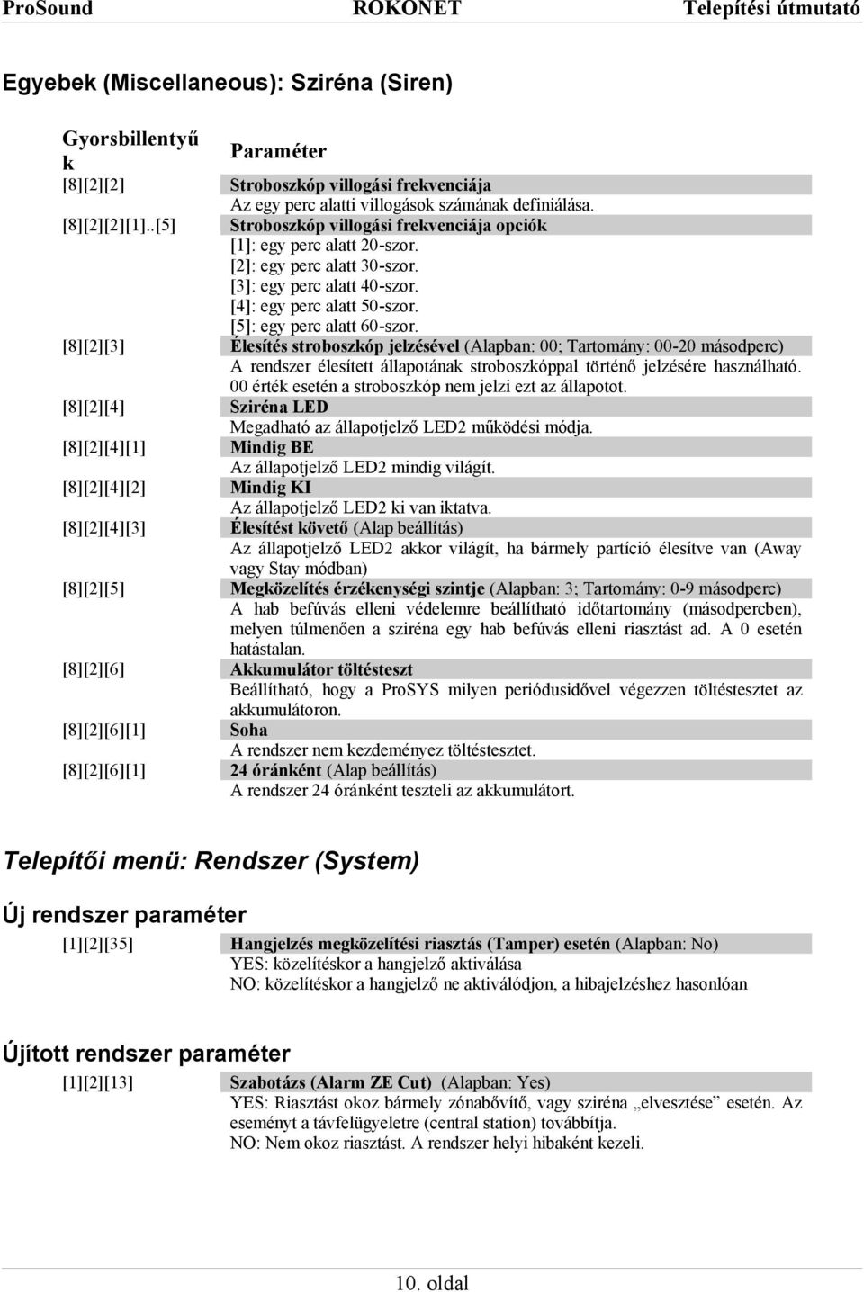 [8][2][3] Élesítés stroboszkóp jelzésével (Alapban: 00; Tartomány: 00-20 másodperc) A rendszer élesített állapotának stroboszkóppal történő jelzésére használható.