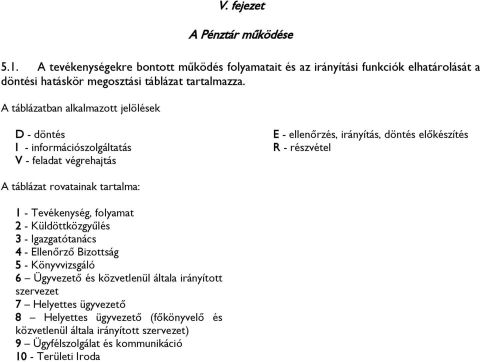 A táblázatban alkalmazott jelölések D - döntés I - információszolgáltatás V - feladat végrehajtás E - ellenőrzés, irányítás, döntés előkészítés R - részvétel A táblázat