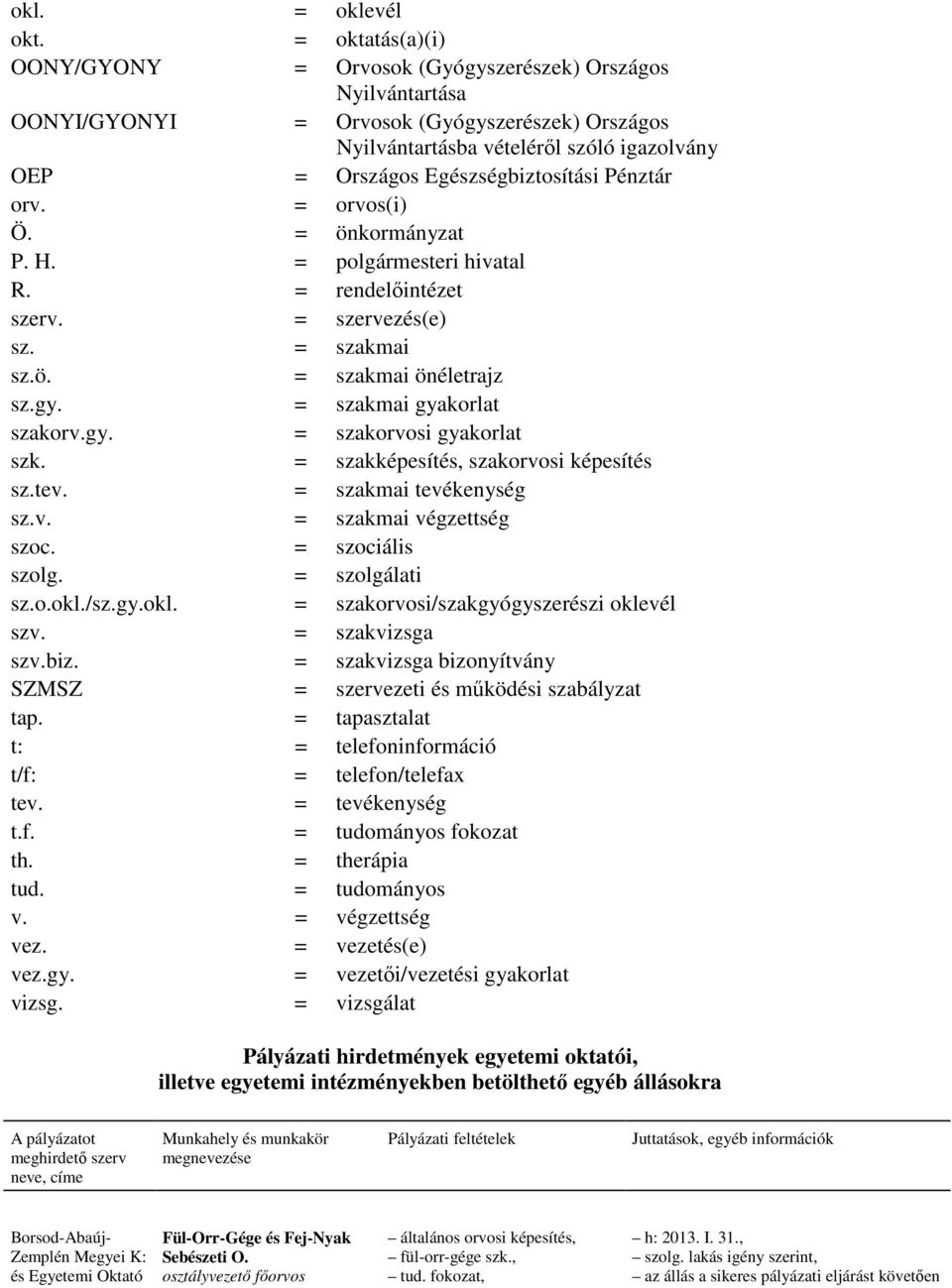 Egészségbiztosítási Pénztár orv. = orvos(i) Ö. = önkormányzat P. H. = polgármesteri hivatal R. = rendelıintézet szerv. = szervezés(e) sz. = szakmai sz.ö. = szakmai önéletrajz sz.gy.