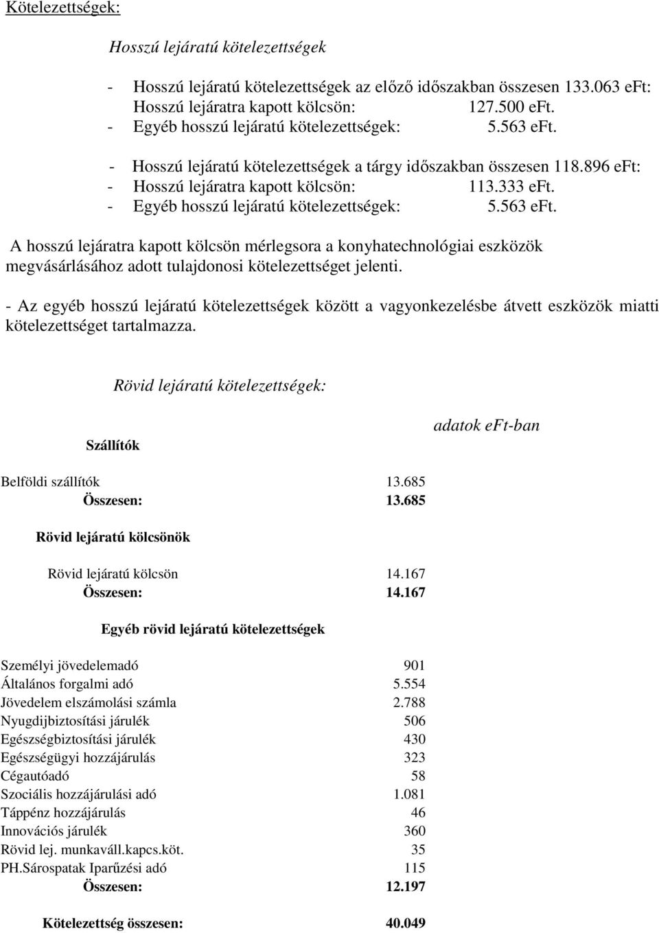 - Egyéb hosszú lejáratú kötelezettségek: 5.563 eft. A hosszú lejáratra kapott kölcsön mérlegsora a konyhatechnológiai eszközök megvásárlásához adott tulajdonosi kötelezettséget jelenti.