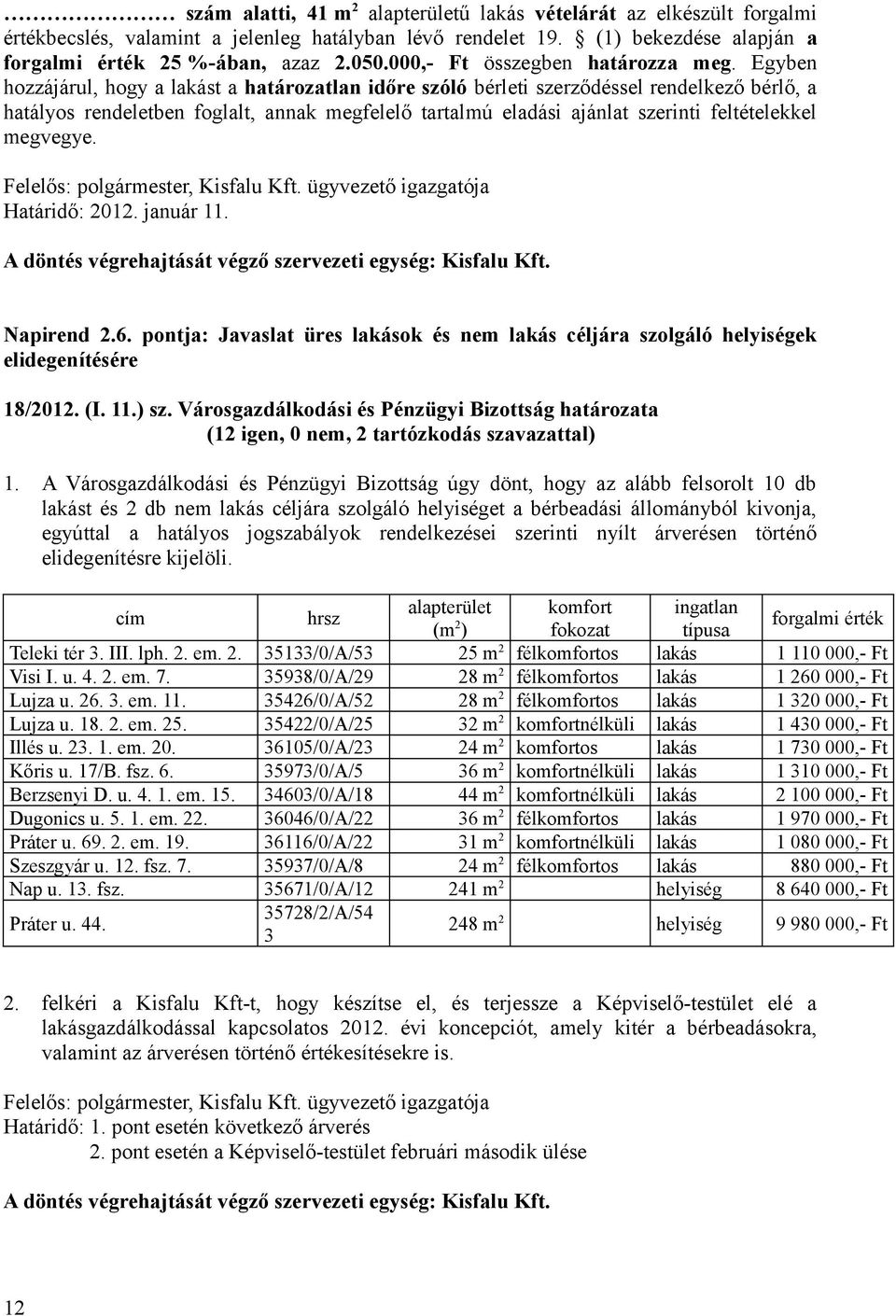 Egyben hozzájárul, hogy a lakást a határozatlan időre szóló bérleti szerződéssel rendelkező bérlő, a hatályos rendeletben foglalt, annak megfelelő tartalmú eladási ajánlat szerinti feltételekkel