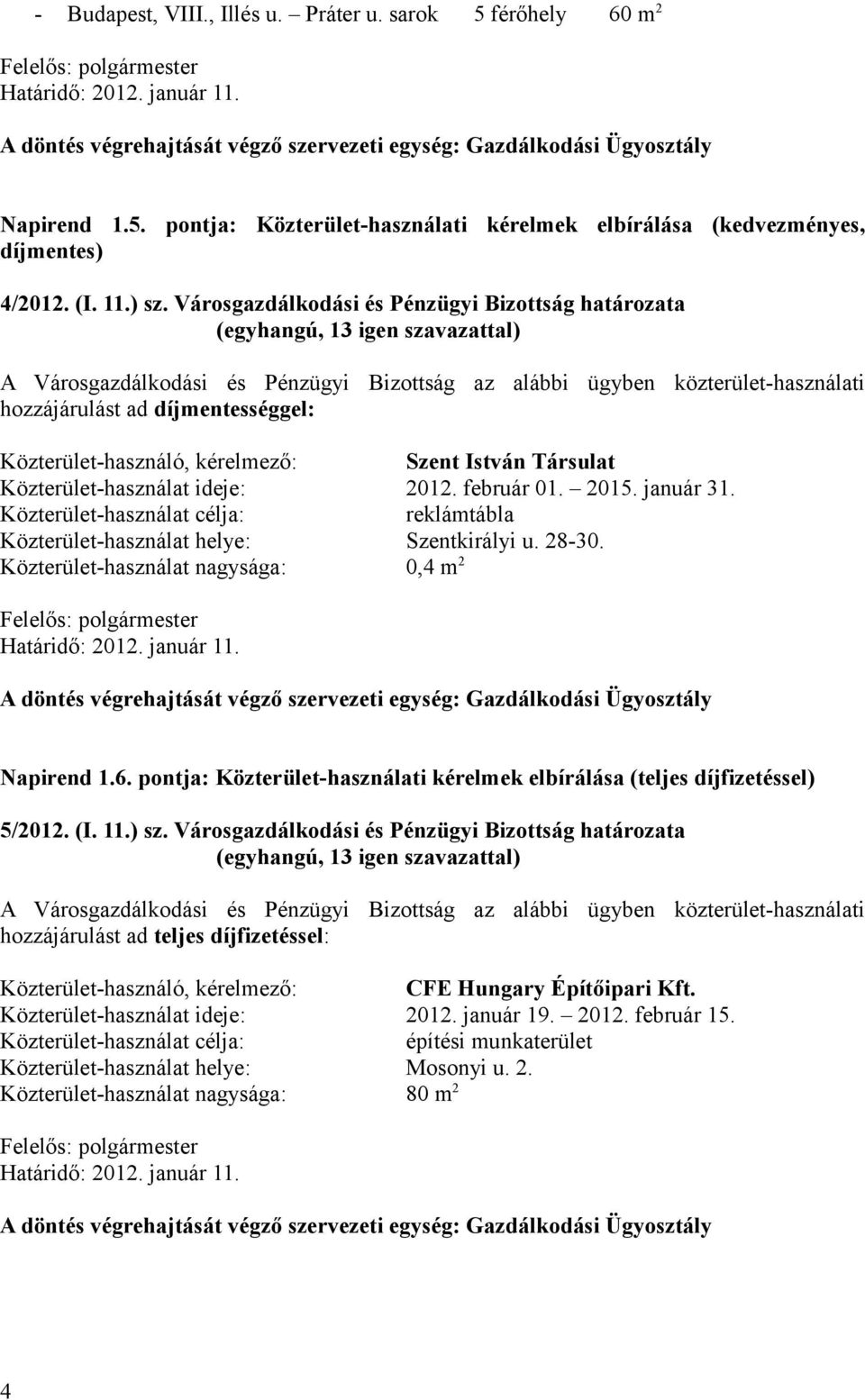 Városgazdálkodási és Pénzügyi Bizottság határozata A Városgazdálkodási és Pénzügyi Bizottság az alábbi ügyben közterület-használati hozzájárulást ad díjmentességgel: Közterület-használó, kérelmező: