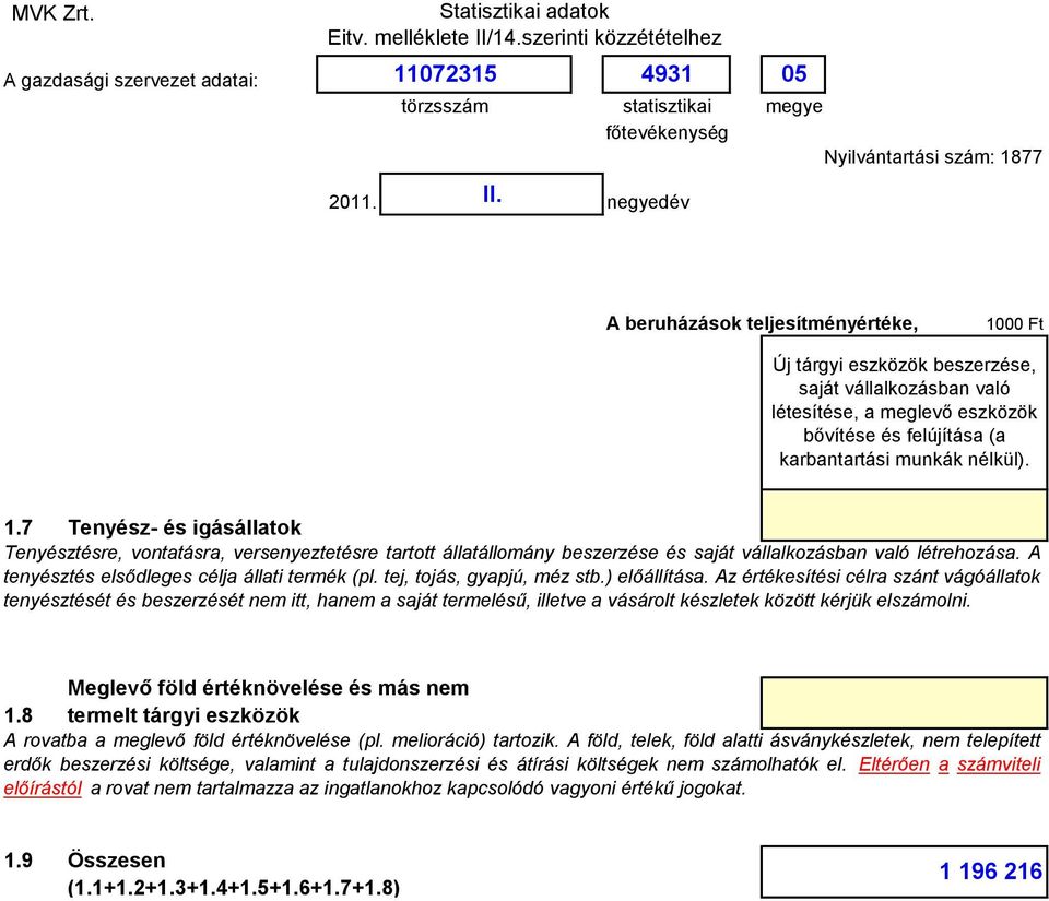 tej, tojás, gyapjú, méz stb.) előállítása. Az értékesítési célra szánt vágóállatok tenyésztését és beszerzését nem itt, hanem a saját termelésű, illetve a vásárolt készletek között kérjük elszámolni.