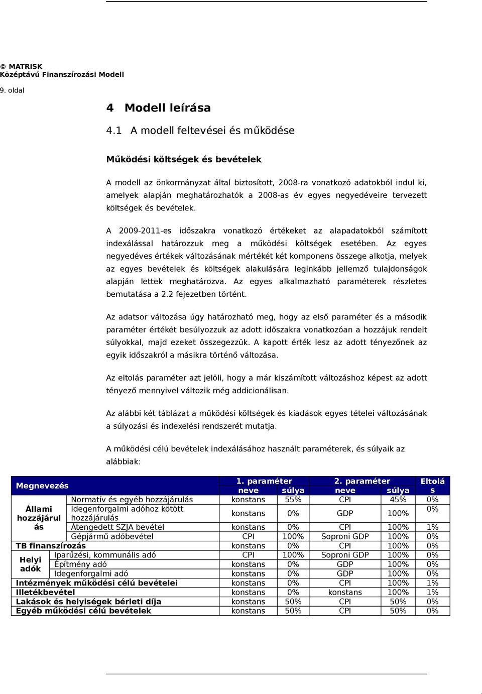 negyedéveire tervezett költségek és bevételek. A 2009-2011-es időszakra vonatkozó értékeket az alapadatokból számított indexálással határozzuk meg a működési költségek esetében.