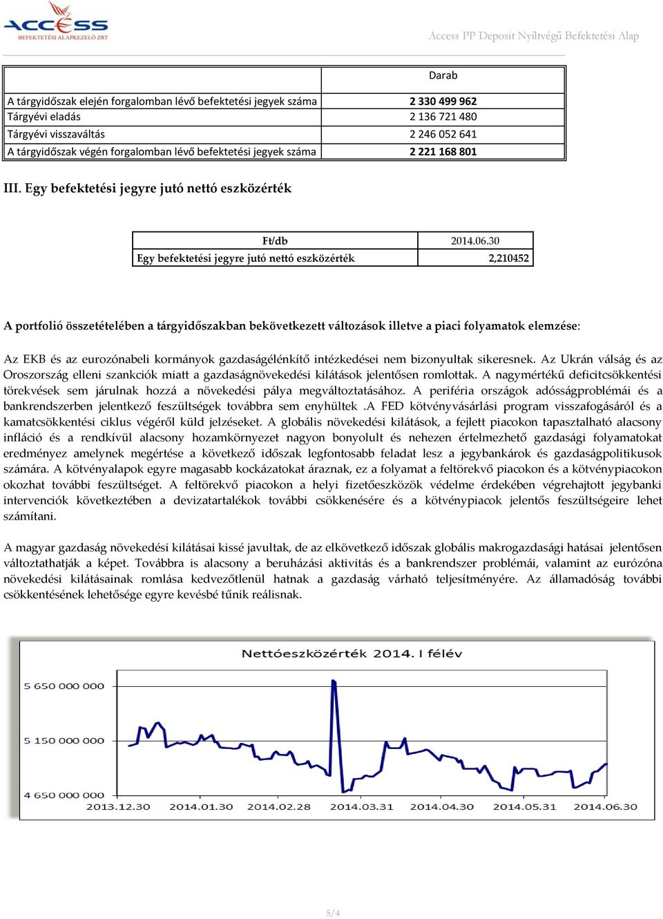 30 Egy befektetési jegyre jutó nettó eszközérték 2,210452 A portfolió összetételében a tárgyidőszakban bekövetkezett változások illetve a piaci folyamatok elemzése: Az EKB és az eurozónabeli