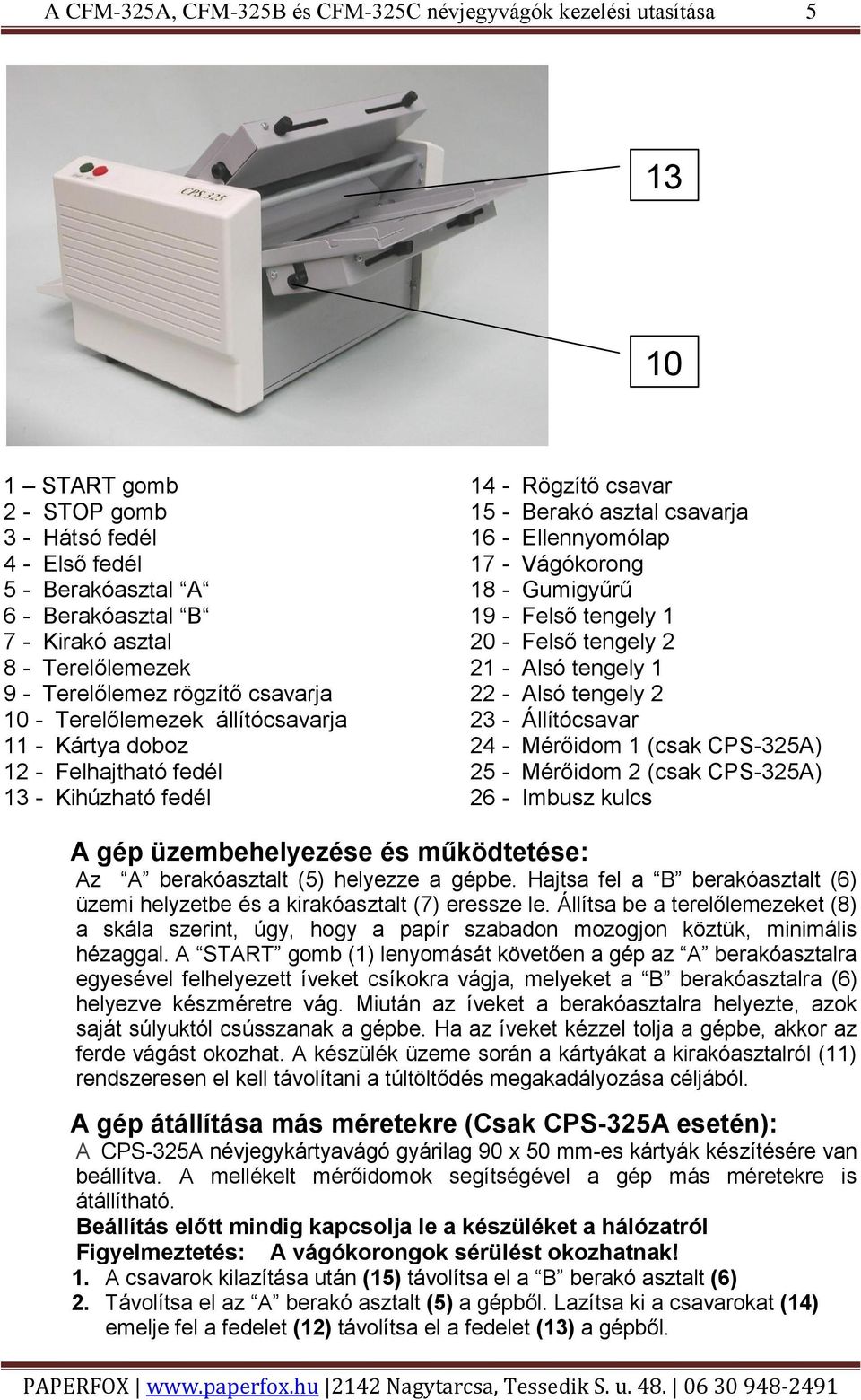 - Alsó tengely 2 10 - Terelőlemezek állítócsavarja 23 - Állítócsavar 11 - Kártya doboz 2 - Mérőidom 1 (csak CPS-325A) - Felhajtható fedél 25 - Mérőidom 2 (csak CPS-325A) 13 - Kihúzható fedél 26 -