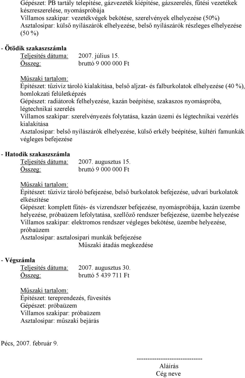 Összeg: bruttó 9 000 000 Ft Műszaki tartalom: Építészet: tűzivíz tároló kialakítása, belső aljzat- és falburkolatok elhelyezése (40 %), homlokzati felületképzés Gépészet: radiátorok felhelyezése,