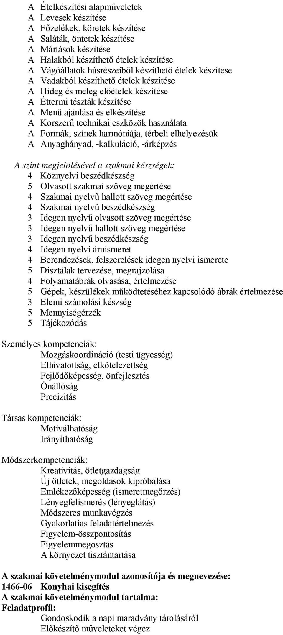 használata A Formák, színek harmóniája, térbeli elhelyezésük A Anyaghányad, -kalkuláció, -árképzés A szint megjelölésével a szakmai készségek: 4 Köznyelvi beszédkészség 5 Olvasott szakmai szöveg