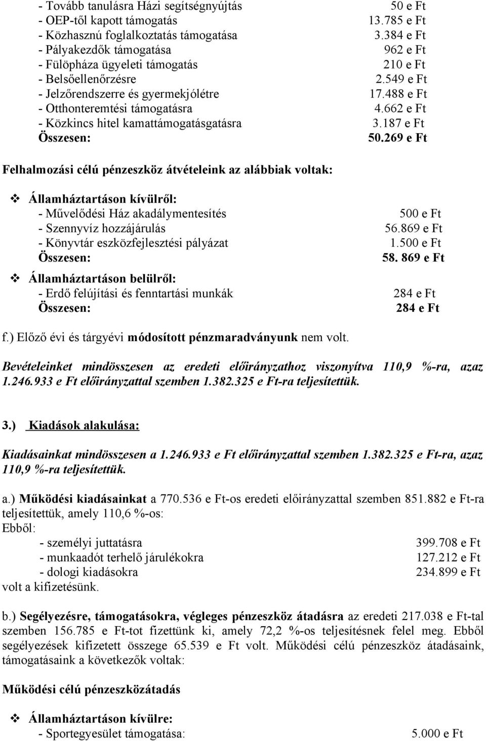 662 e Ft - Közkincs hitel kamattámogatásgatásra 3.187 e Ft 50.