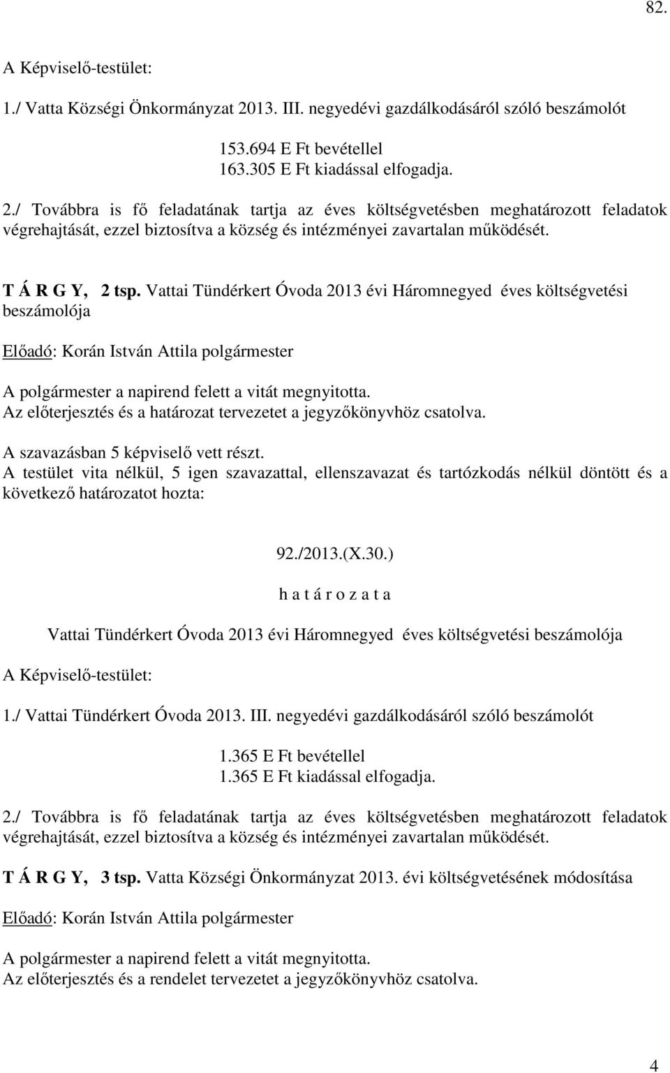 / Vattai Tündérkert Óvoda 2013. III. negyedévi gazdálkodásáról szóló beszámolót 1.365 E Ft bevétellel 1.365 E Ft kiadással elfogadja. 2./ Továbbra is fő feladatának tartja az éves költségvetésben meghatározott feladatok végrehajtását, ezzel biztosítva a község és intézményei zavartalan működését.