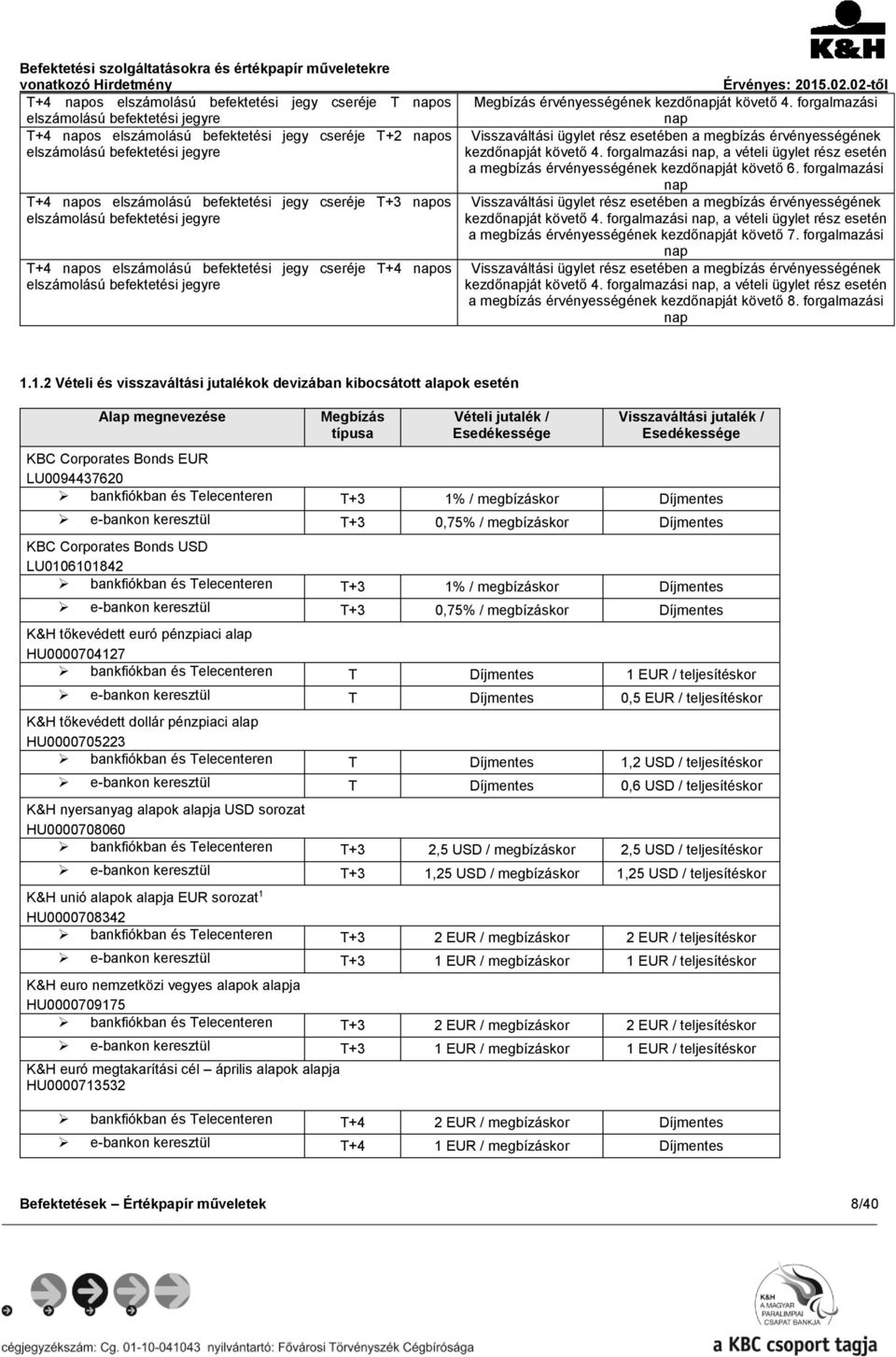 forgalmazási nap Visszaváltási ügylet rész esetében a megbízás érvényességének kezdőnapját követő 4. forgalmazási nap, a vételi ügylet rész esetén a megbízás érvényességének kezdőnapját követő 6.