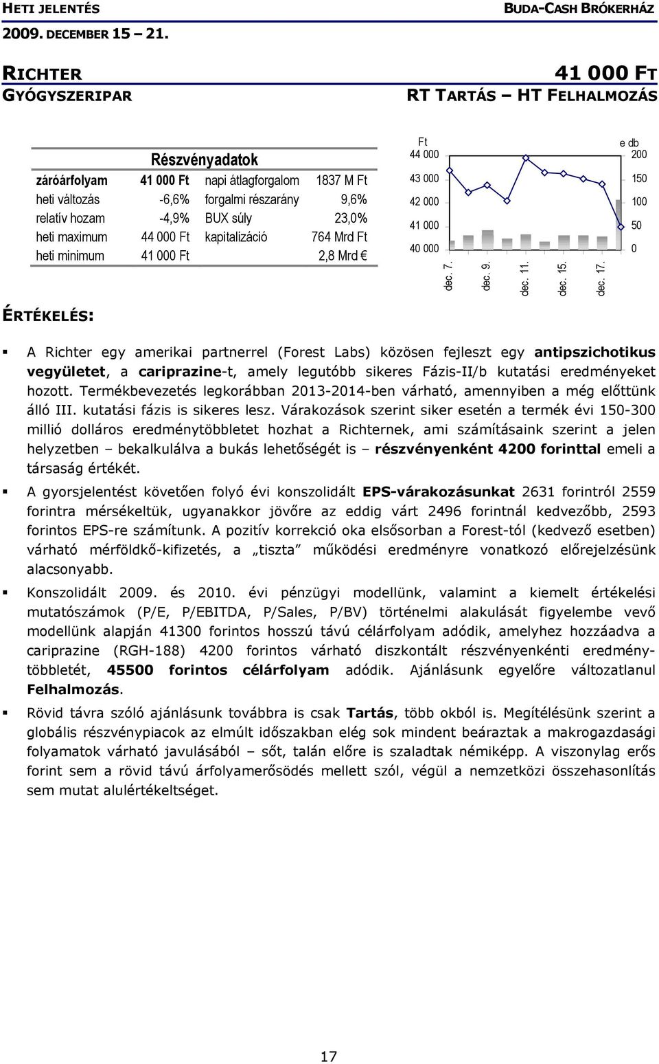 e db 200 150 100 50 0 ÉRTÉKELÉS: A Richter egy amerikai partnerrel (Forest Labs) közösen fejleszt egy antipszichotikus vegyületet, a cariprazine-t, amely legutóbb sikeres Fázis-II/b kutatási