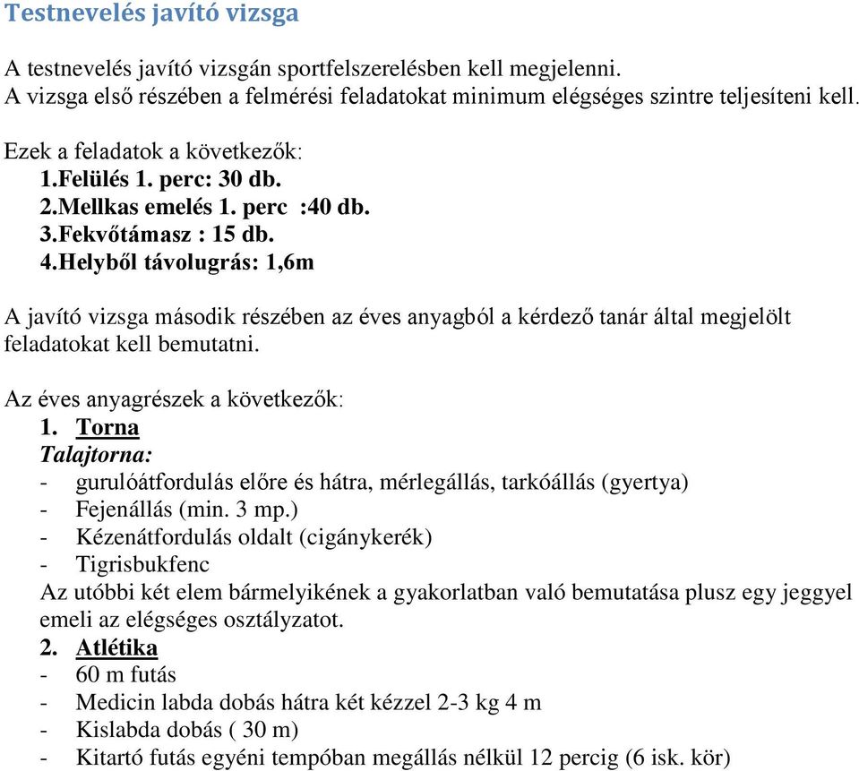 Helyből távolugrás: 1,6m A javító vizsga második részében az éves anyagból a kérdező tanár által megjelölt feladatokat kell bemutatni. Az éves anyagrészek a következők: 1.