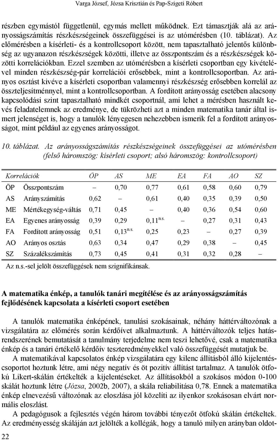 Az előmérésben a kísérleti- és a kontrollcsoport között, nem tapasztalható jelentős különbség az ugyanazon részkészségek közötti, illetve az összpontszám és a részkészségek közötti korrelációkban.