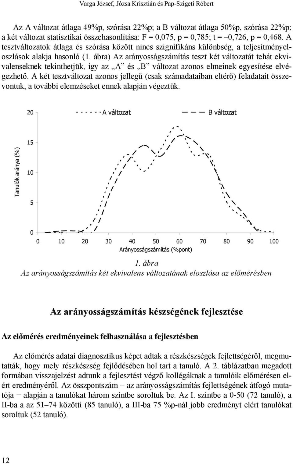 ábra) Az arányosságszámítás teszt két változatát tehát ekvivalenseknek tekinthetjük, így az A és B változat azonos elmeinek egyesítése elvégezhető.