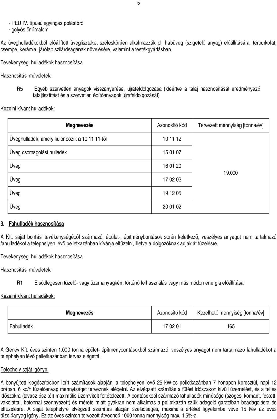 Hasznosítási m veletek: R5 Egyéb szervetlen anyagok visszanyerése, újrafeldolgozása (ideértve a talaj hasznosítását eredményez talajtisztítást és a szervetlen épít anyagok újrafeldolgozását) Kezelni