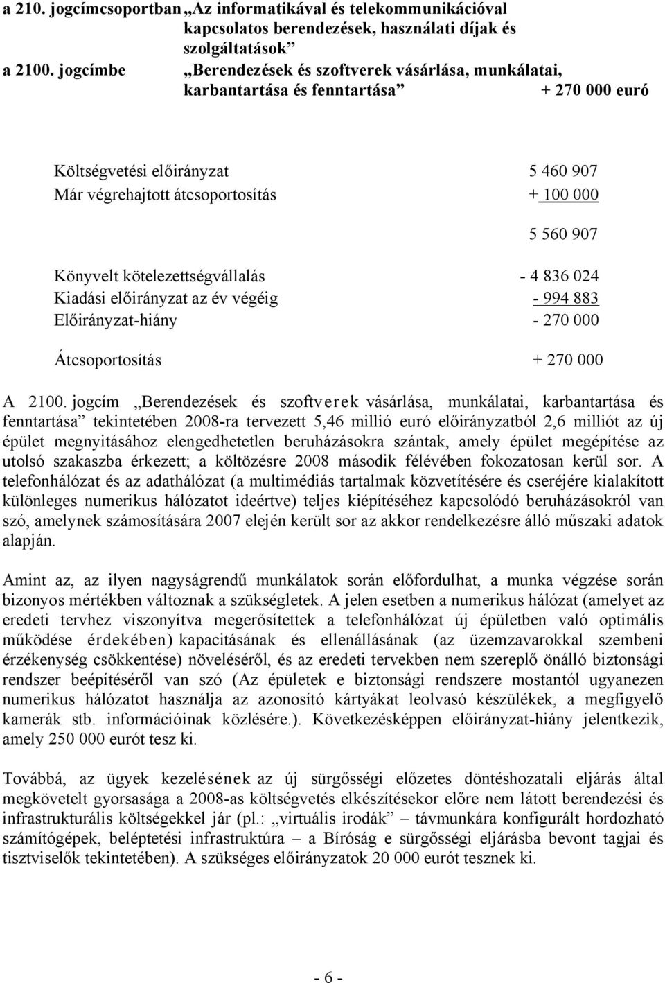 Könyvelt kötelezettségvállalás - 4 836 024 Kiadási előirányzat az év végéig - 994 883 Előirányzat-hiány - 270 000 Átcsoportosítás + 270 000 A 2100.