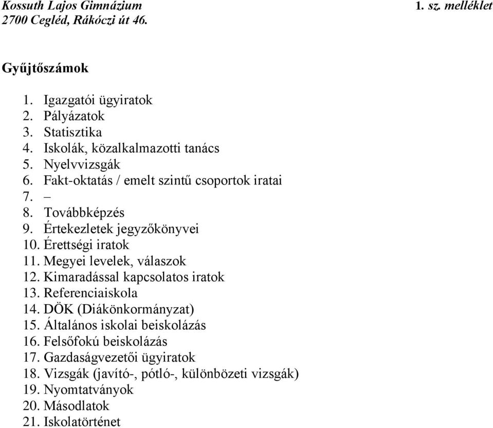 Érettségi iratok 11. Megyei levelek, válaszok 12. Kimaradással kapcsolatos iratok 13. Referenciaiskola 14. DÖK (Diákönkormányzat) 15.