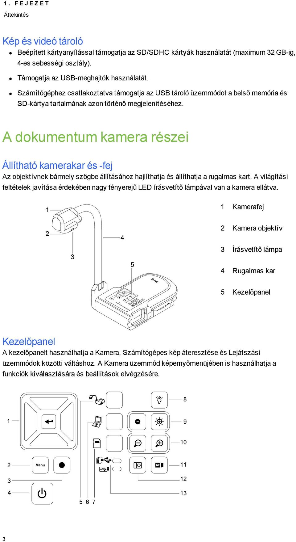 A dkumentum kamera részei Állítható kamerakar és -fej Az bjektívnek bármely szögbe állításáhz hajlíthatja és állíthatja a rugalmas kart.