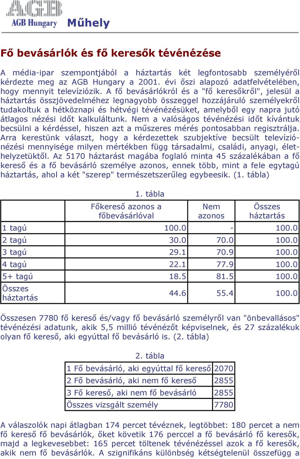 A fő bevásárlókról és a "fő keresőkről", jelesül a háztartás összjövedelméhez legnagyobb összeggel hozzájáruló személyekről tudakoltuk a hétköznapi és hétvégi tévénézésüket, amelyből egy napra jutó