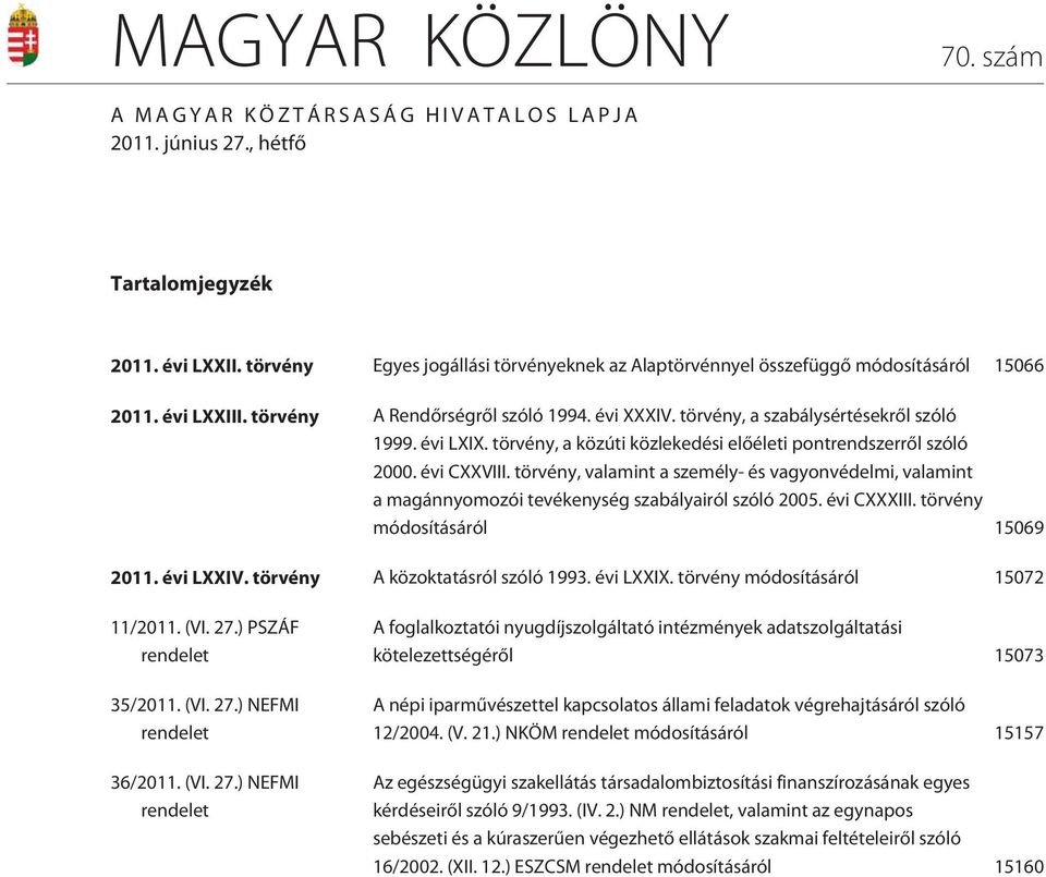 évi LXIX. törvény, a közúti közlekedési elõéleti pontrendszerrõl szóló 2000. évi CXXVIII. törvény, valamint a személy- és vagyonvédelmi, valamint a magánnyomozói tevékenység szabályairól szóló 2005.