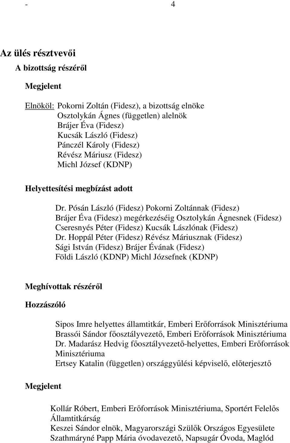 Pósán László (Fidesz) Pokorni Zoltánnak (Fidesz) Brájer Éva (Fidesz) megérkezéséig Osztolykán Ágnesnek (Fidesz) Cseresnyés Péter (Fidesz) Kucsák Lászlónak (Fidesz) Dr.