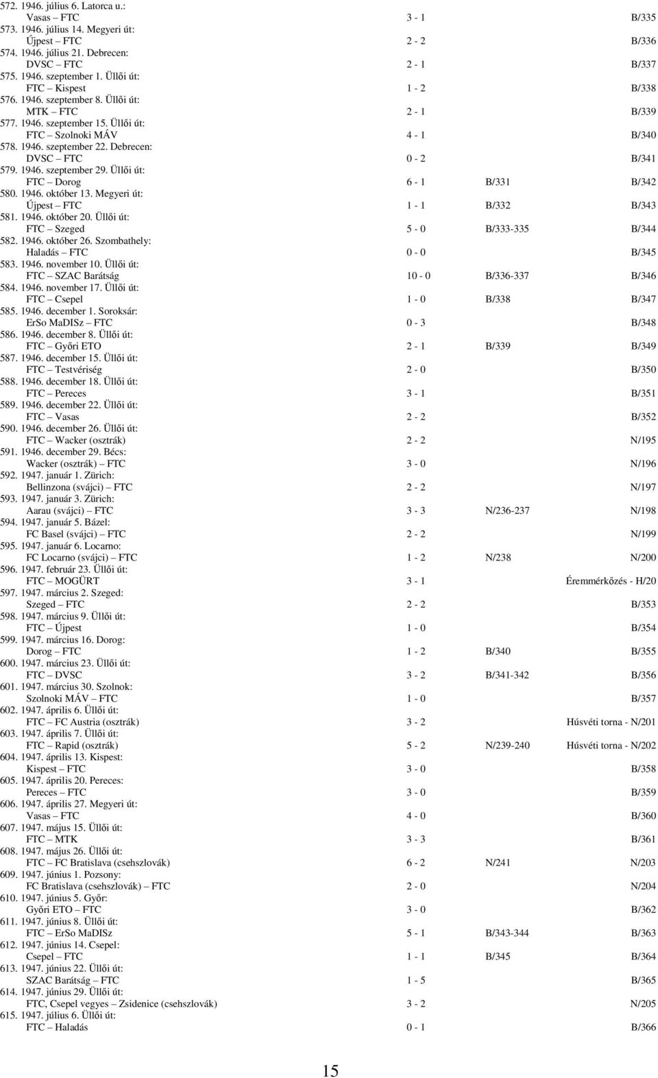 Debrecen: DVSC FTC 0-2 B/341 579. 1946. szeptember 29. Üllői út: FTC Dorog 6-1 B/331 B/342 580. 1946. október 13. Megyeri út: Újpest FTC 1-1 B/332 B/343 581. 1946. október 20.