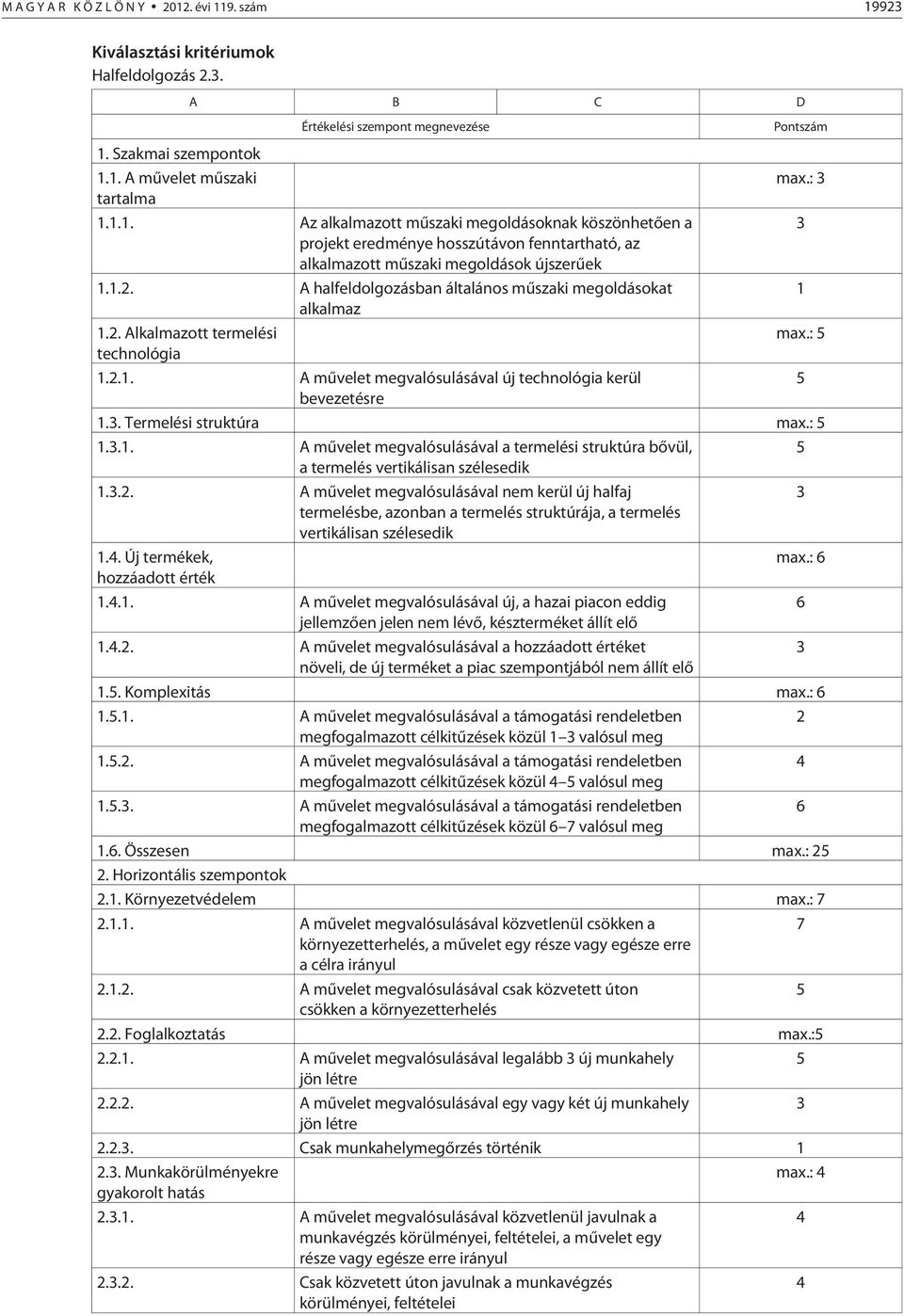 . Alkalmazott termelési max.: technológia 1..1. A mûvelet megvalósulásával új technológia kerül bevezetésre 1.. Termelési struktúra max.: 1..1. A mûvelet megvalósulásával a termelési struktúra bõvül, a termelés vertikálisan szélesedik 1.