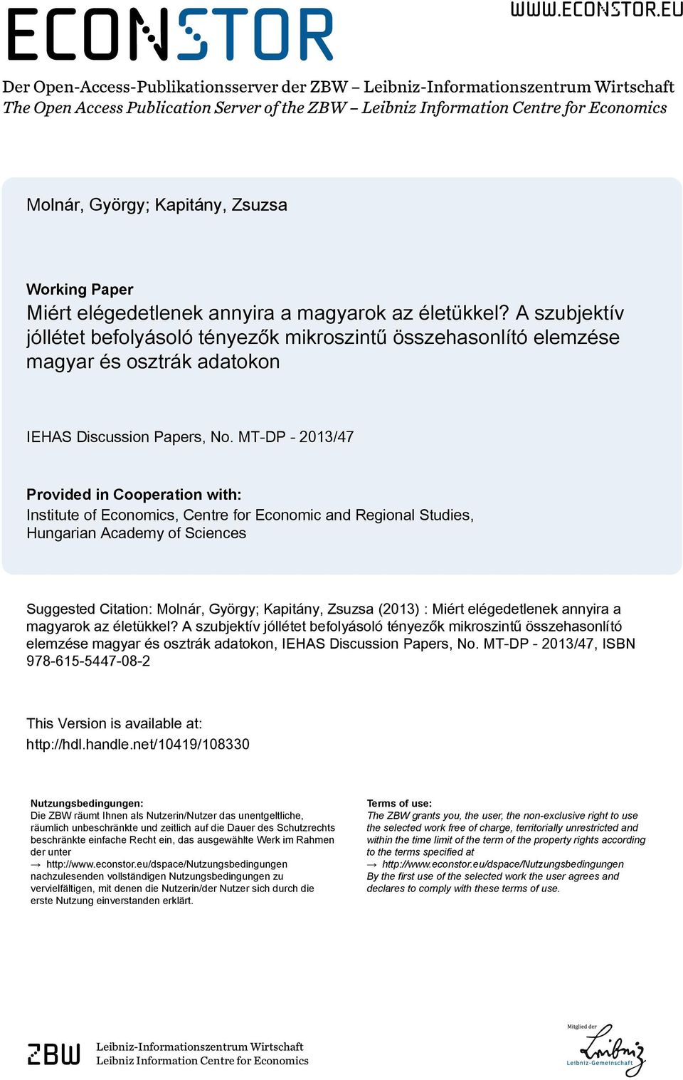 eu Der Open-Access-Publikationsserver der ZBW Leibniz-Informationszentrum Wirtschaft The Open Access Publication Server of the ZBW Leibniz Information Centre for Economics Molnár, György; Kapitány,