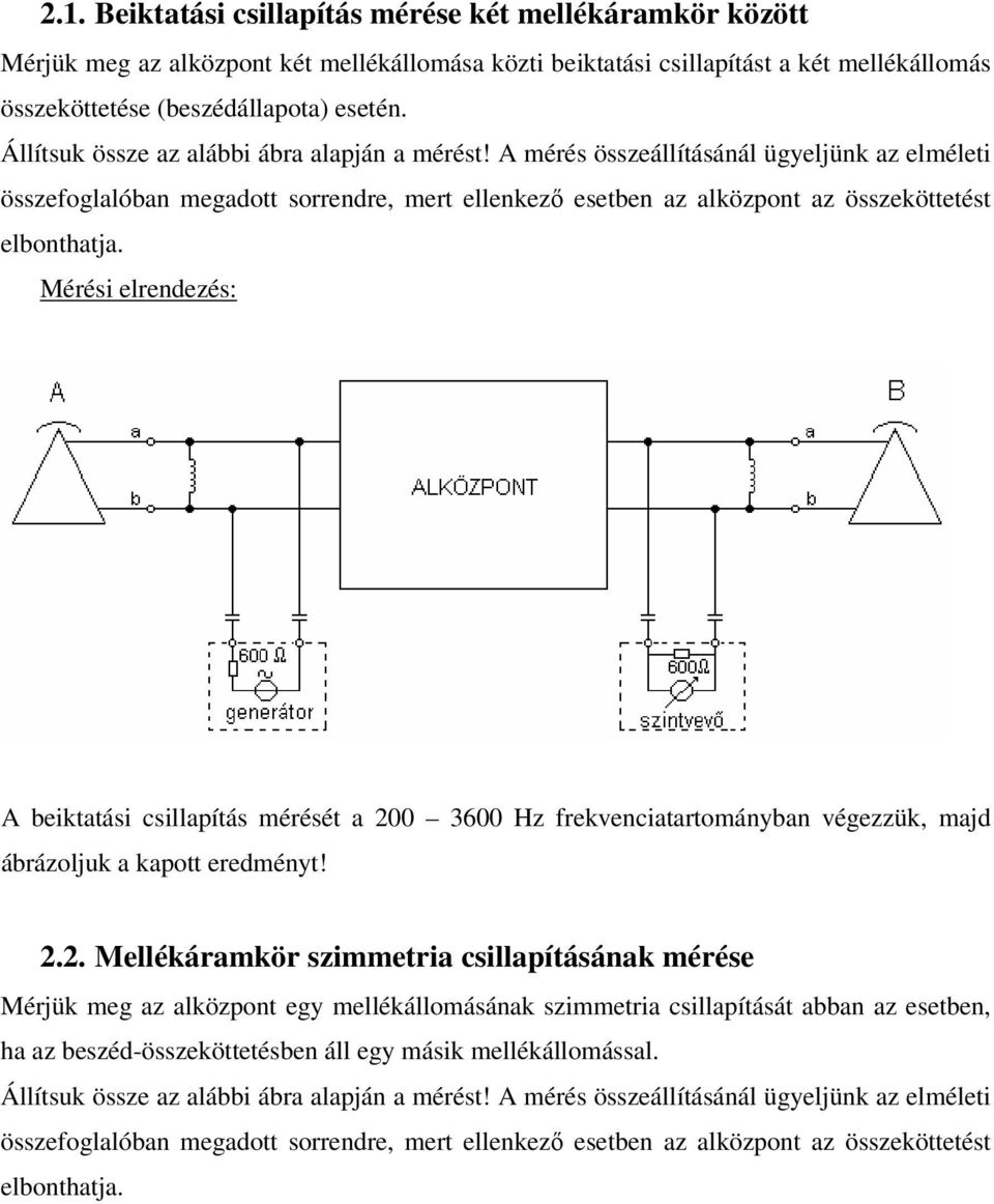 Mérési elrendezés: A beiktatási csillapítás mérését a 20