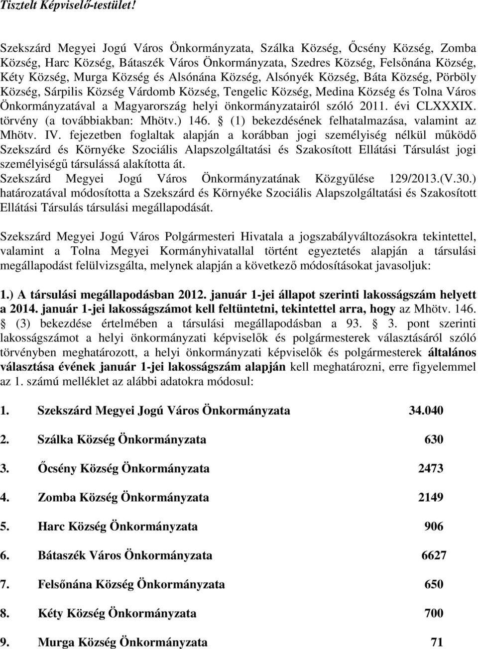 Alsónána Község, Alsónyék Község, Báta Község, Pörböly Község, Sárpilis Község Várdomb Község, Tengelic Község, Medina Község és Tolna Város Önkormányzatával a Magyarország helyi önkormányzatairól