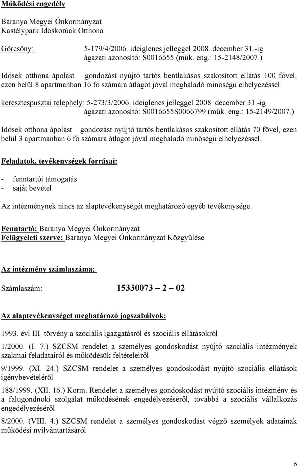 keresztespusztai telephely: 5-273/3/2006. ideiglenes jelleggel 2008. december 31.-ig ágazati azonosító: S0016655S0066799 (műk. eng.: 15-2149/2007.