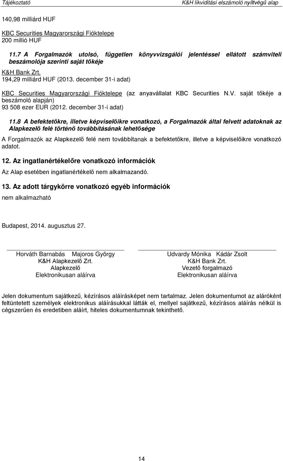 december 31-i adat) KBC Securities Magyarországi Fióktelepe (az anyavállalat KBC Securities N.V. saját tőkéje a beszámoló alapján) 93 508 ezer EUR (2012. december 31-i adat) 11.