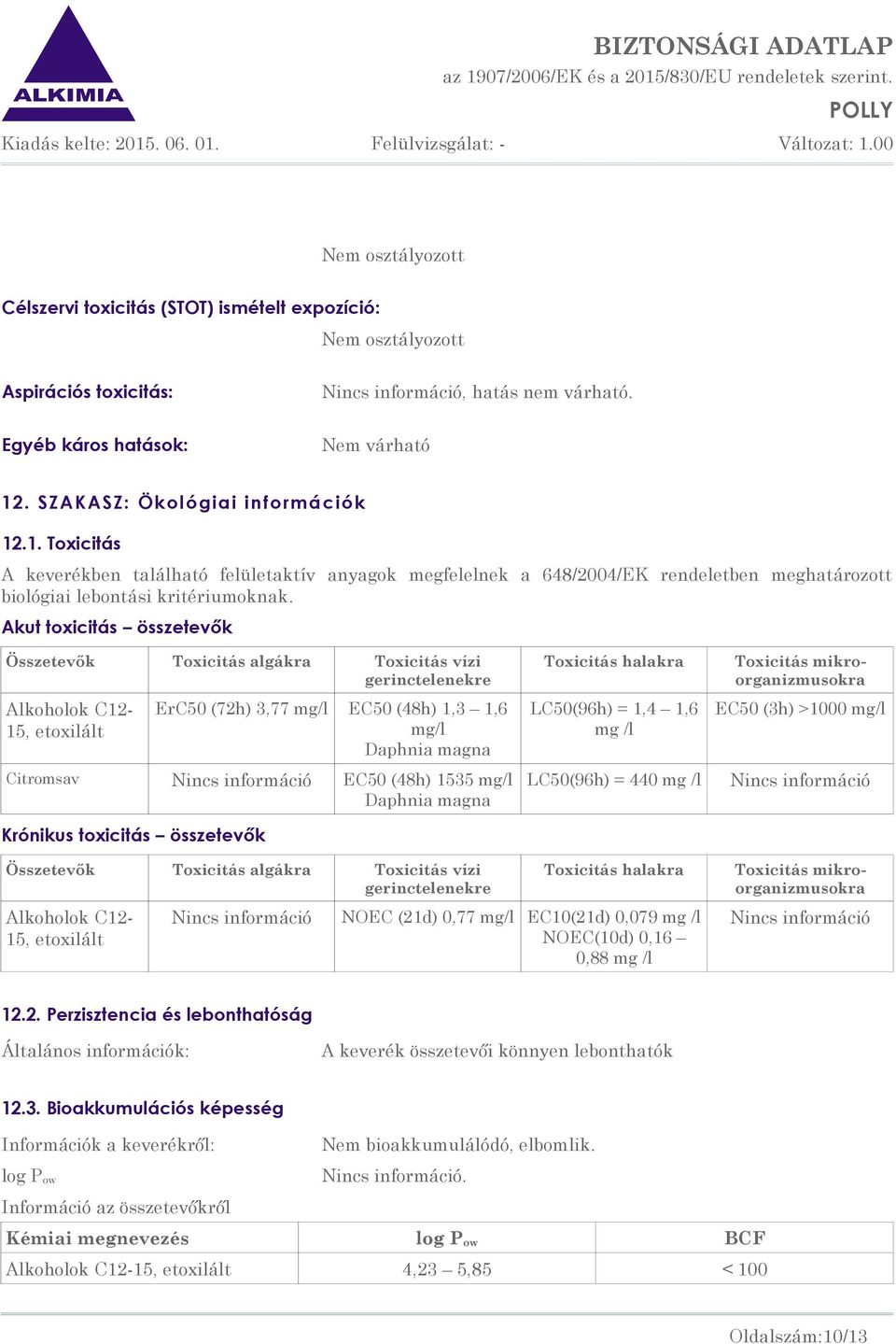 Akut toxicitás összetevők Összetevők Toxicitás algákra Toxicitás vízi gerinctelenekre Alkoholok C12-15, etoxilált ErC50 (72h) 3,77 mg/l EC50 (48h) 1,3 1,6 mg/l Daphnia magna Citromsav EC50 (48h) 1535