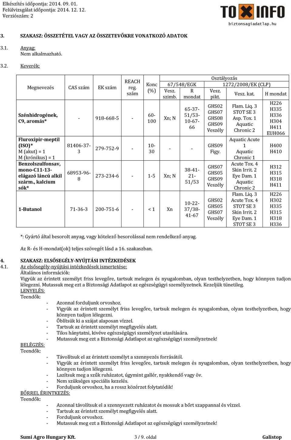 , kalcium sók* CAS szám EK szám REACH reg. szám - 918-668-5-81406-37-3 68953-96- 8 279-752-9 - Konc (%) 60-100 10-30 67/548/EGK Vesz. szimb.